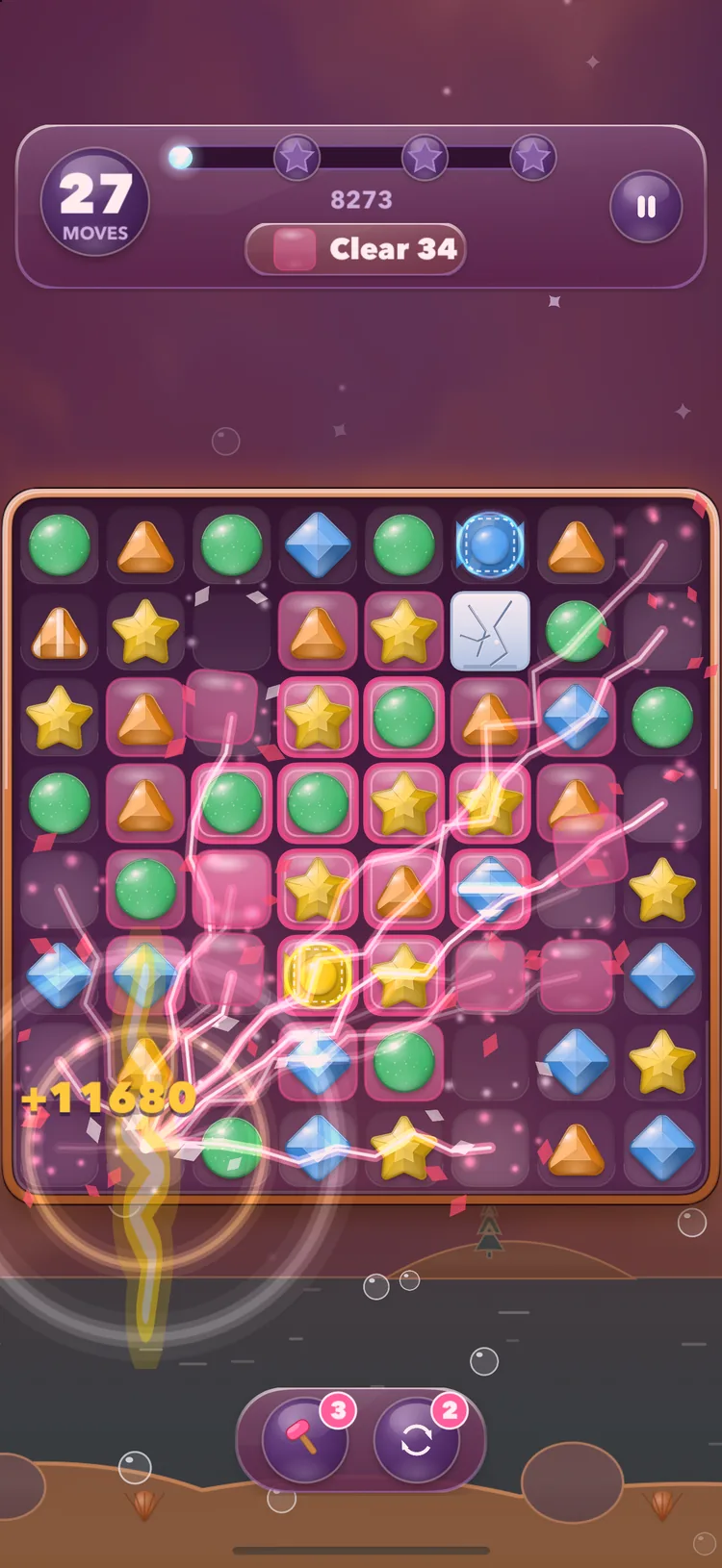 A colour bomb going off mid-level — lightning arcs across the board for a +11,680 combo, with 27 moves left and a Clear 34 goal above