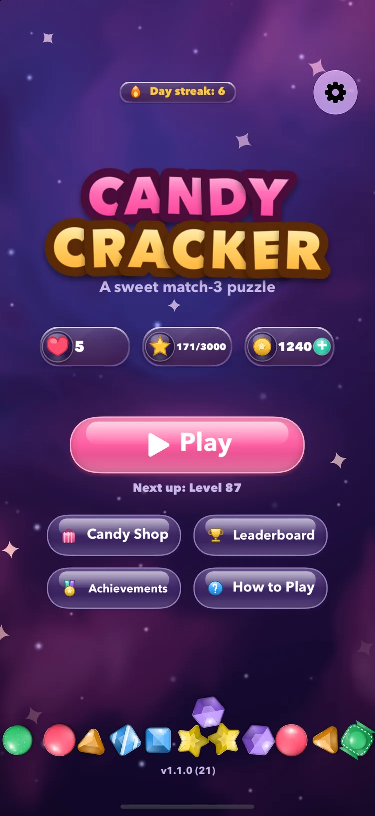 Candy Cracker home screen — the wordmark over lives, stars and coins, with Play, Candy Shop, Leaderboard, Achievements and How to Play