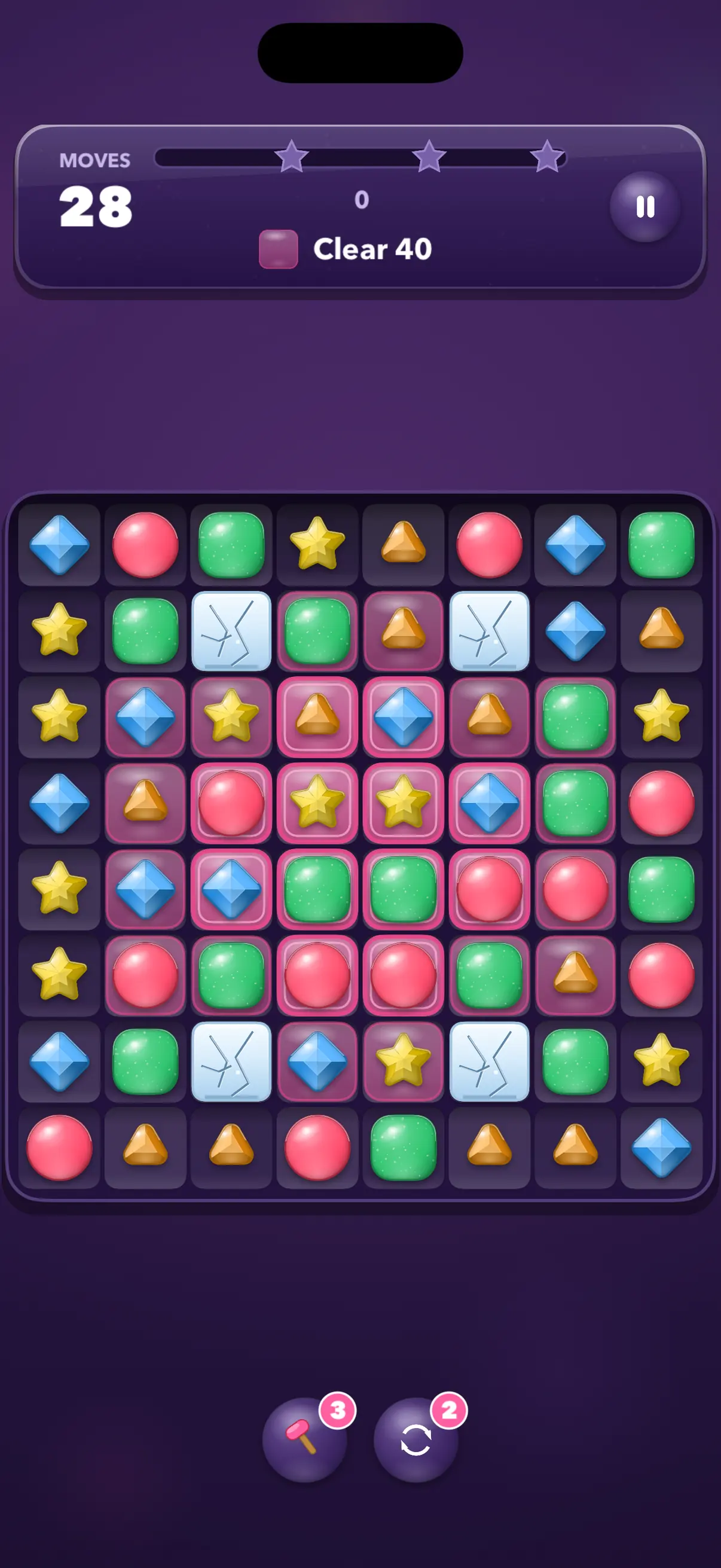 A match-3 board mid-level — a grid of candies below the moves counter, star progress and score target