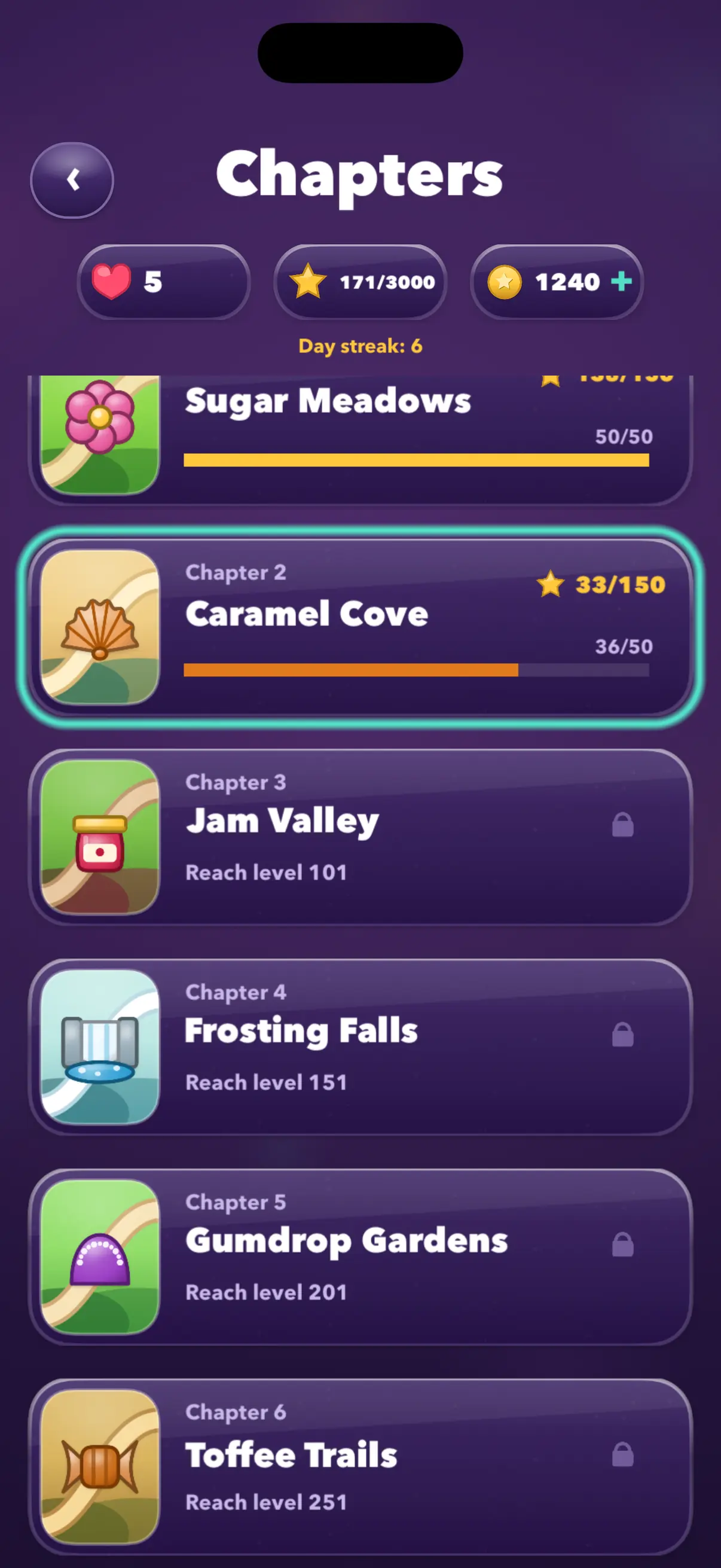 The chapter list — Sugar Meadows finished, Caramel Cove in progress at 36 of 50 levels, and Jam Valley, Frosting Falls and Gumdrop Gardens still to unlock