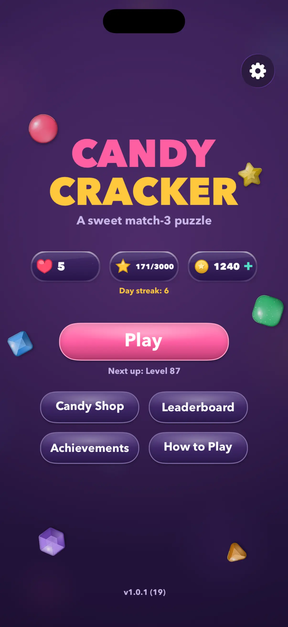 Candy Cracker home screen — the game's title over lives, stars and coins, with Play, Candy Shop, Leaderboard, Achievements and How to Play, and the settings button in the corner