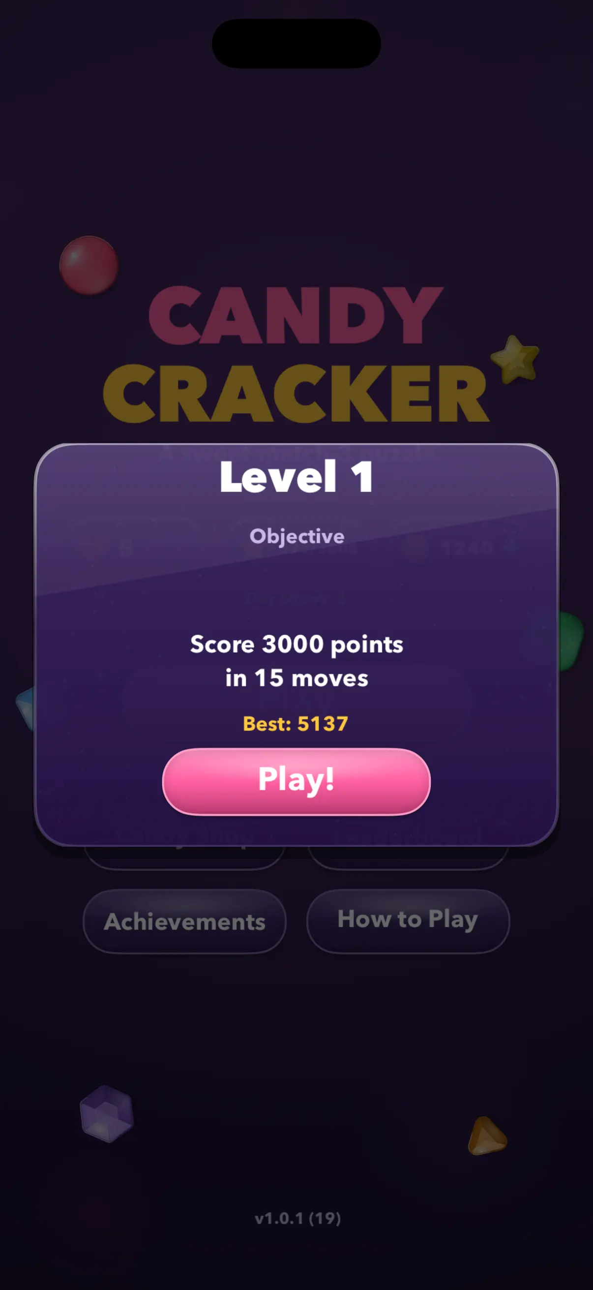 Level 1's objective card — score 3,000 points in 15 moves, with your best score so far