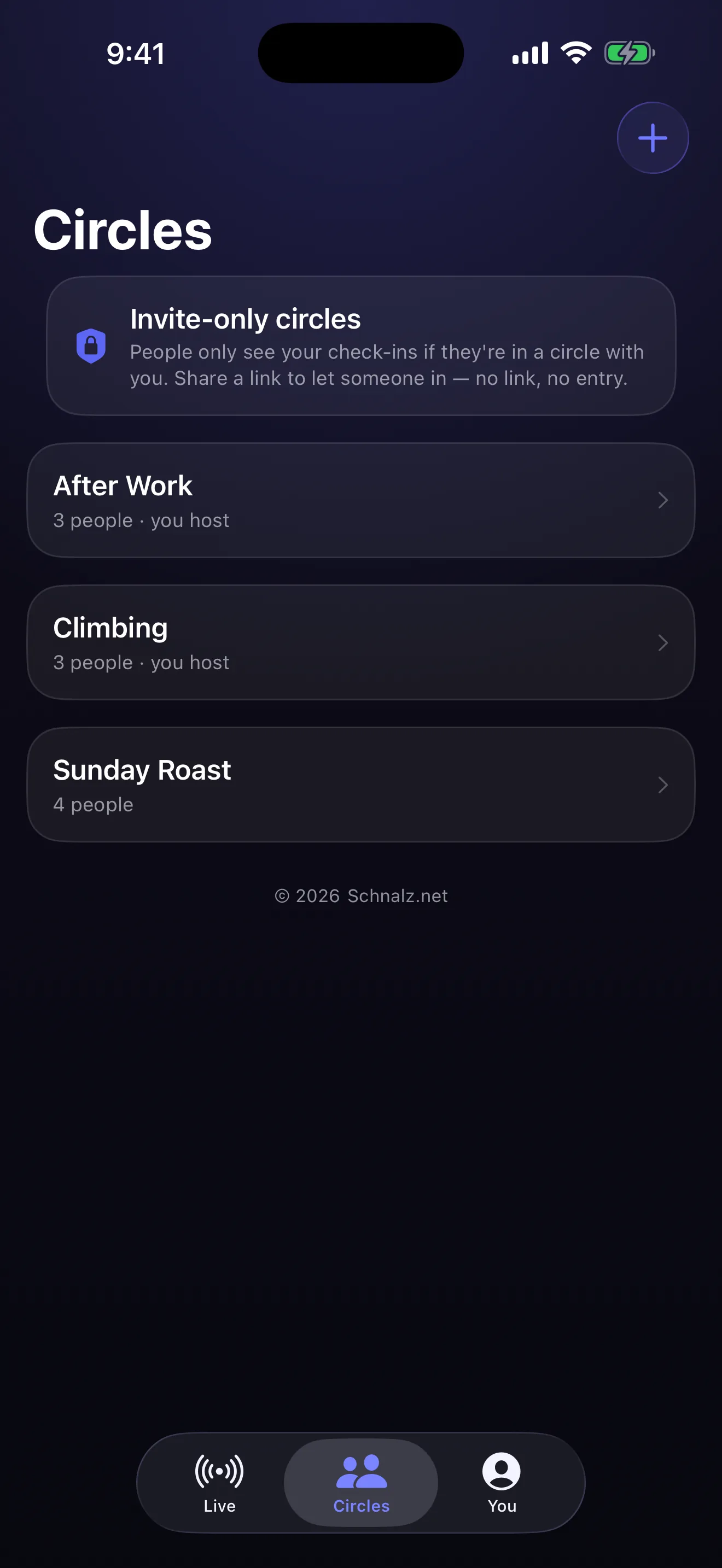 A Circles screen showing your circles and who is out right now