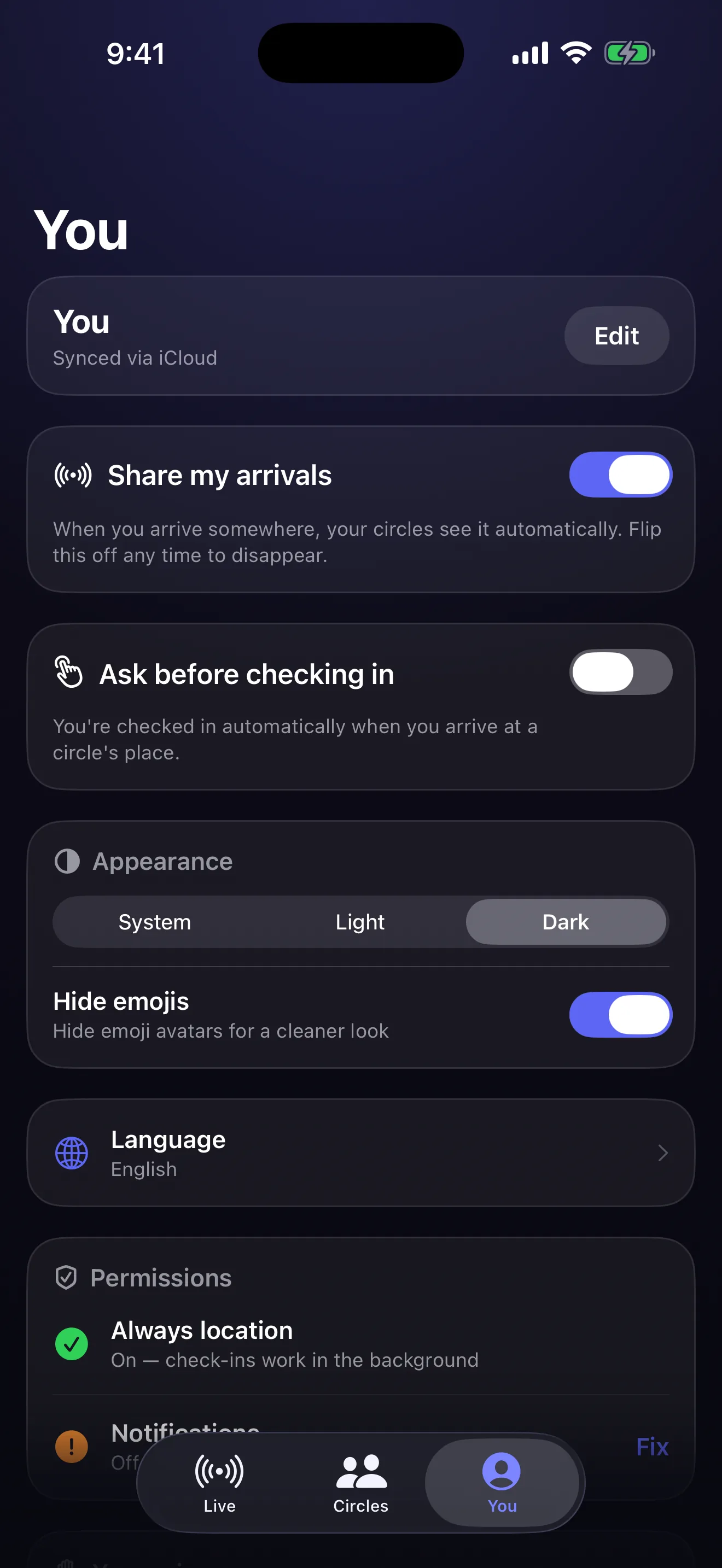 The You tab — your profile, Ghost mode and check-in controls