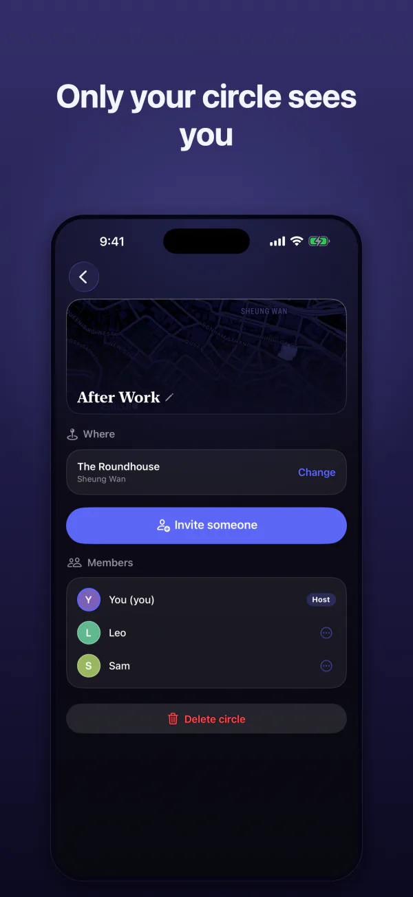 Only your circle sees you: a circle's place, its members and an invite button