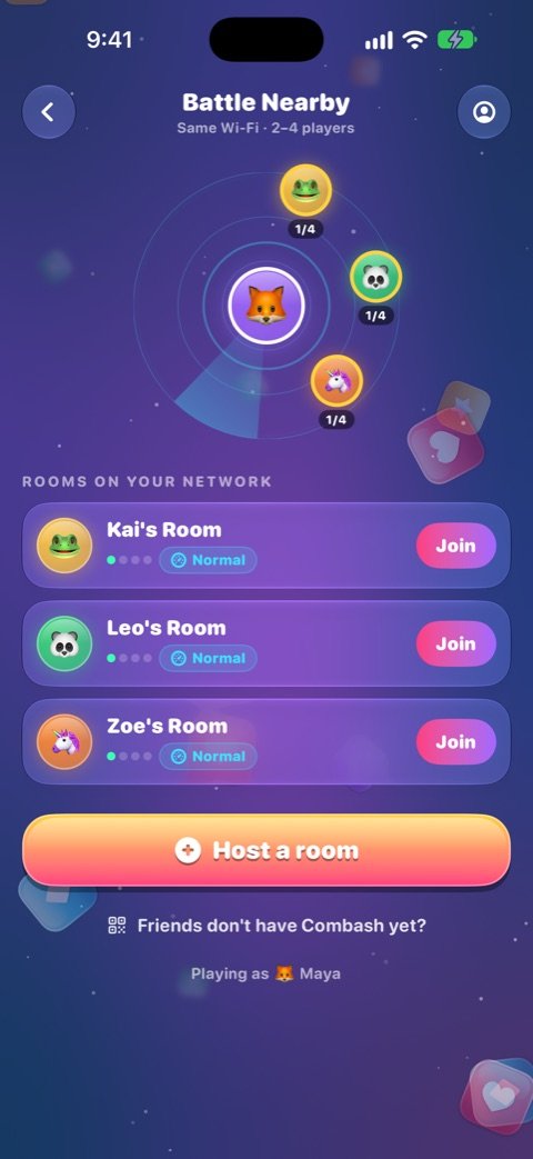 Battle Nearby: three rooms on the local Wi‑Fi, ready to join