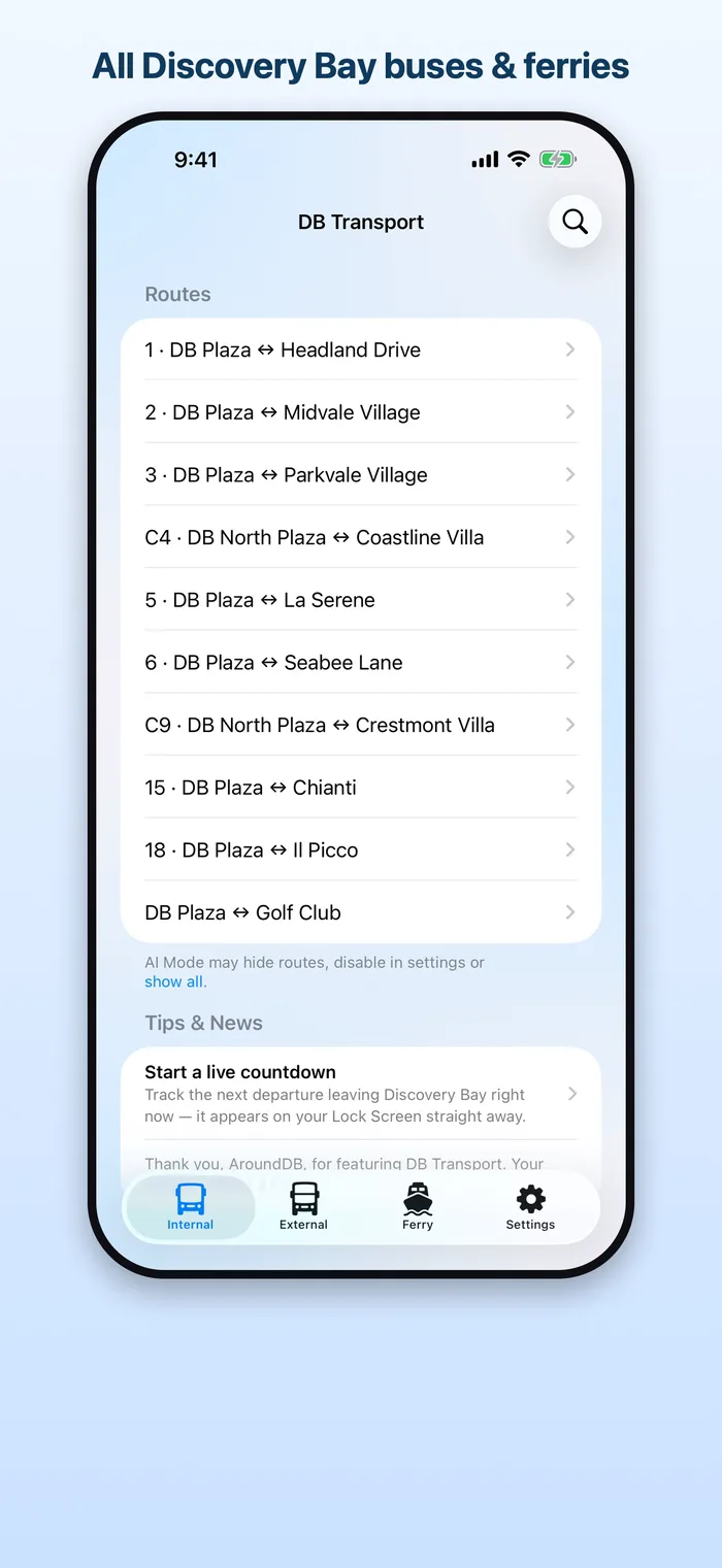 The DB Transport route list — internal Discovery Bay buses with live departure countdowns, plus a separate night-bus section