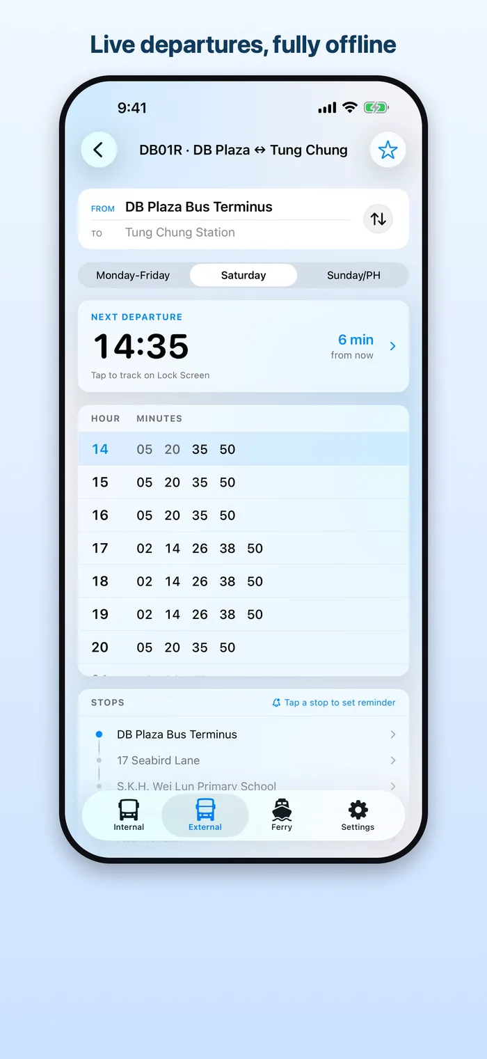 A DB Transport route detail — DB Plaza to Tung Chung, with weekday, Saturday and Sunday/public-holiday timetables, the next departure and every stop