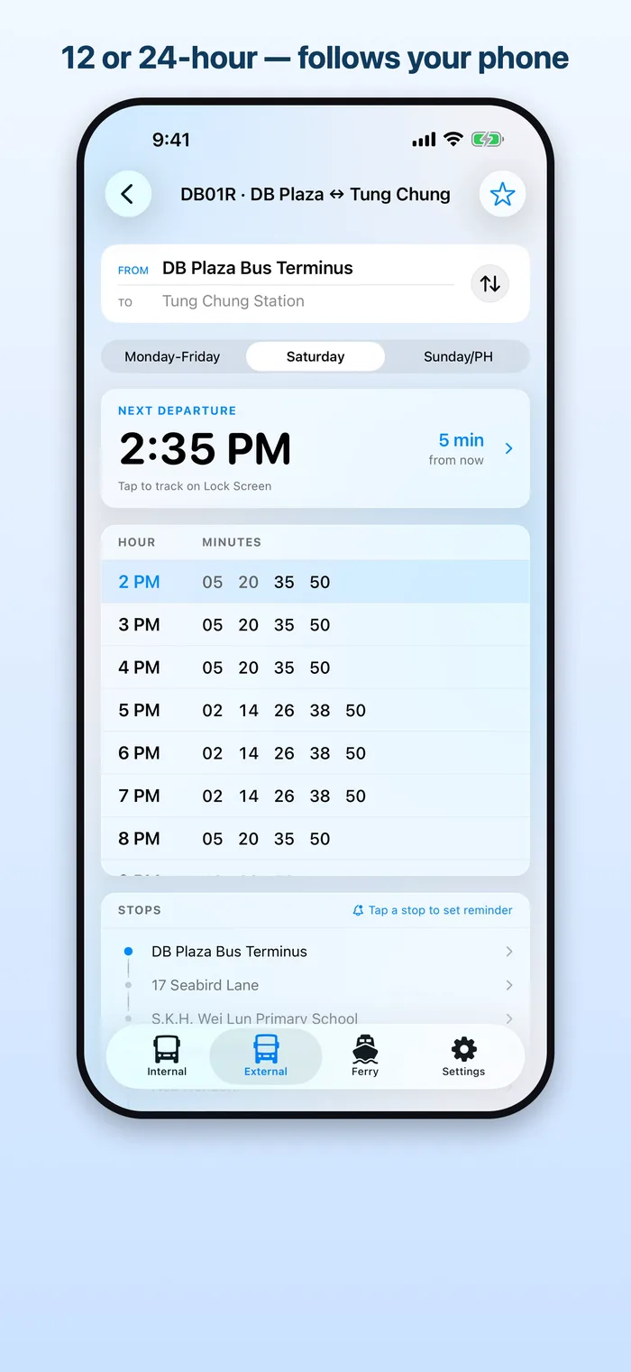 DB Transport's clock format — times shown in 12- or 24-hour, following the device automatically