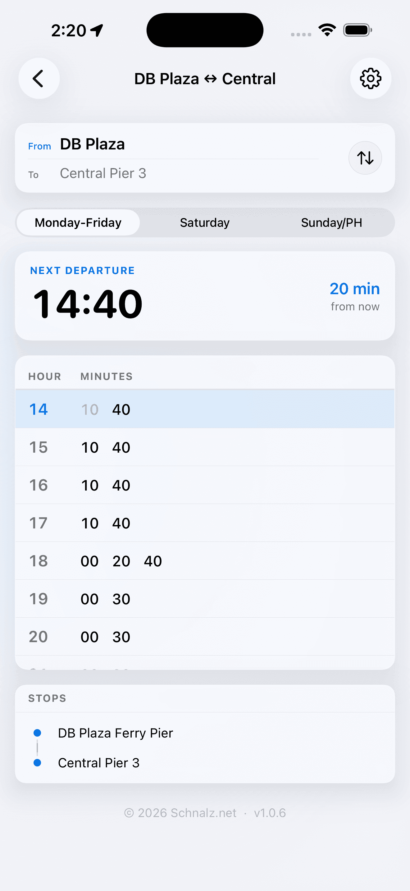 DB Transport iOS app screenshot — Discovery Bay timetable showing live bus & ferry departures