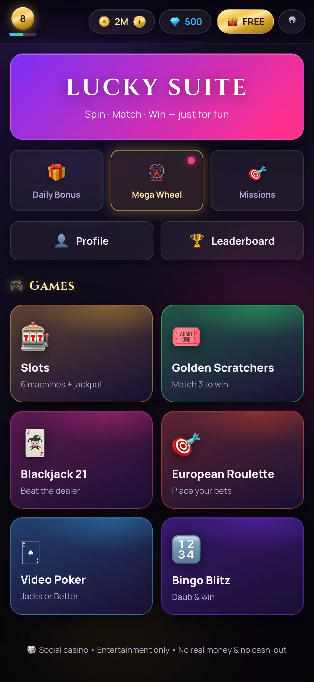 Lucky Suite lobby — six casino games in one place