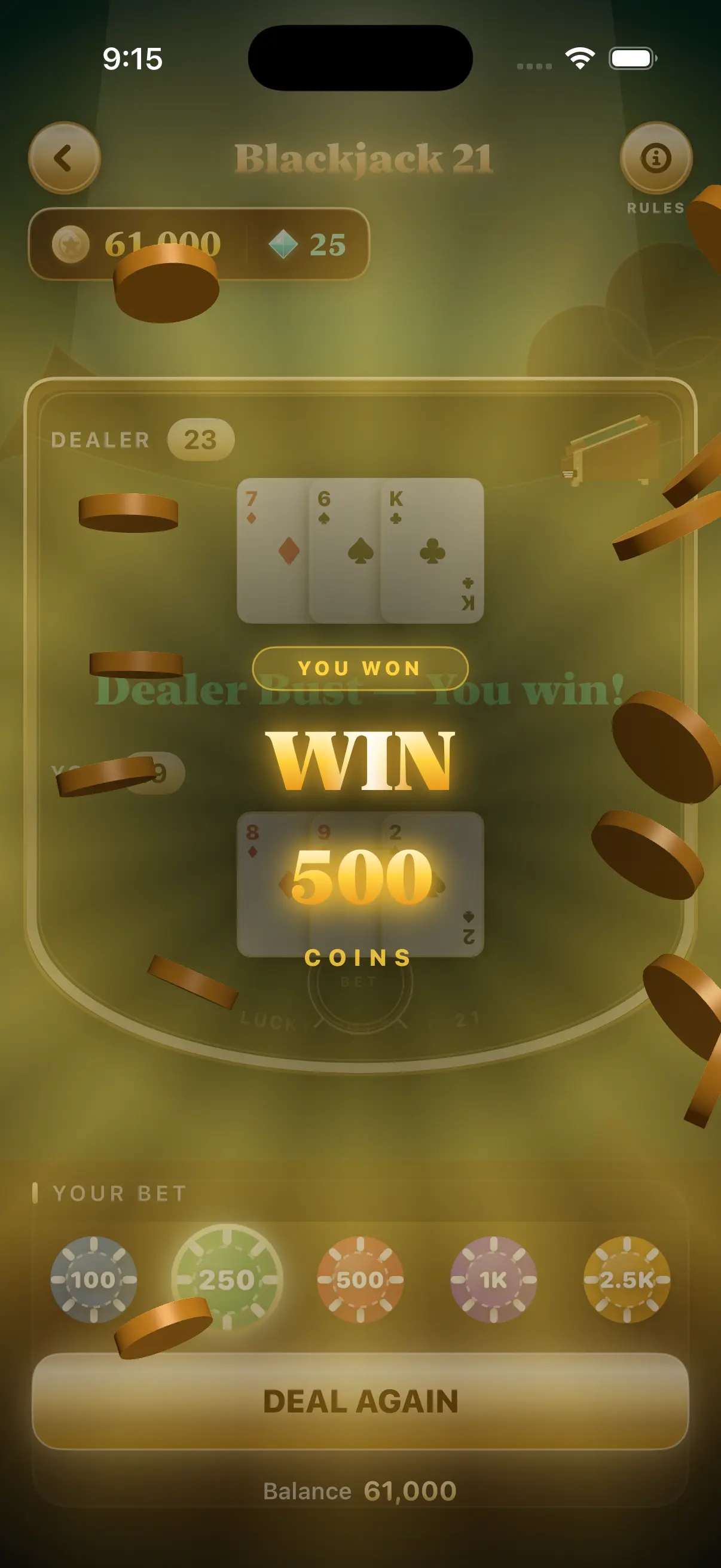 A win celebration — 500 virtual coins awarded in a shower of gold chips