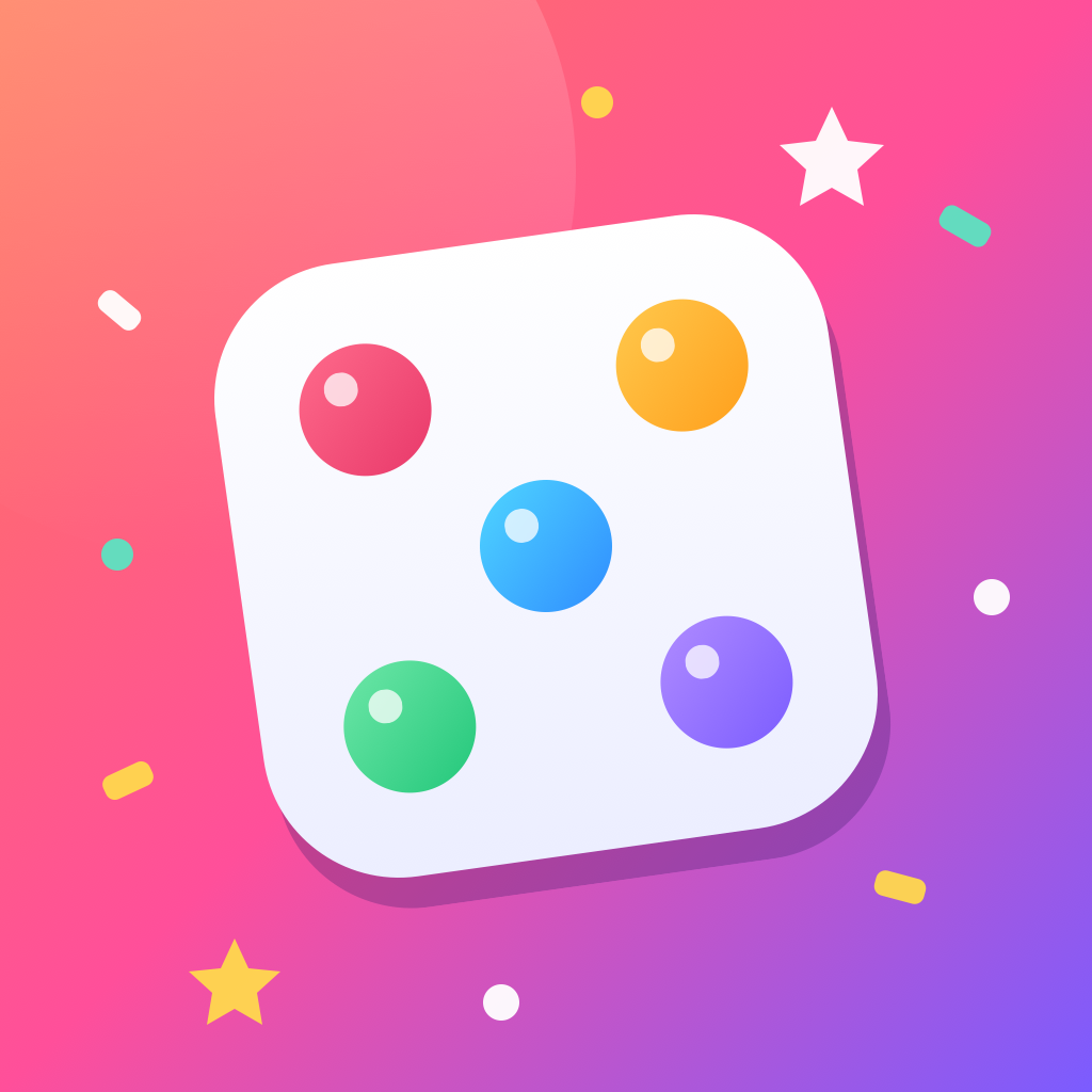 Party Games app icon — a white dice with five colourful pips on a pink-to-violet gradient with confetti