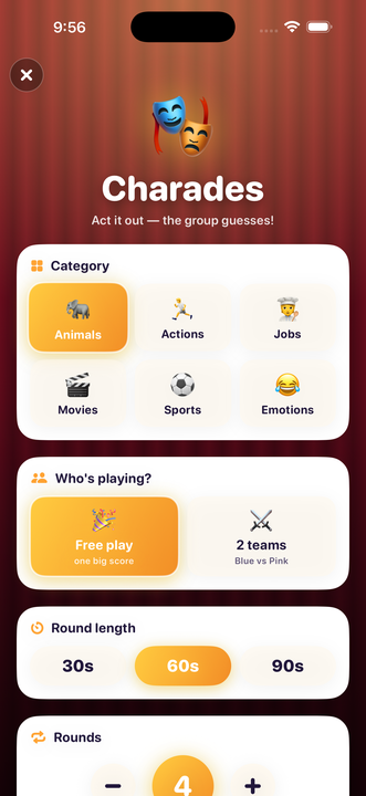 Charades — a word card held to the forehead, with the timer counting down and tap or tilt to mark it right or pass