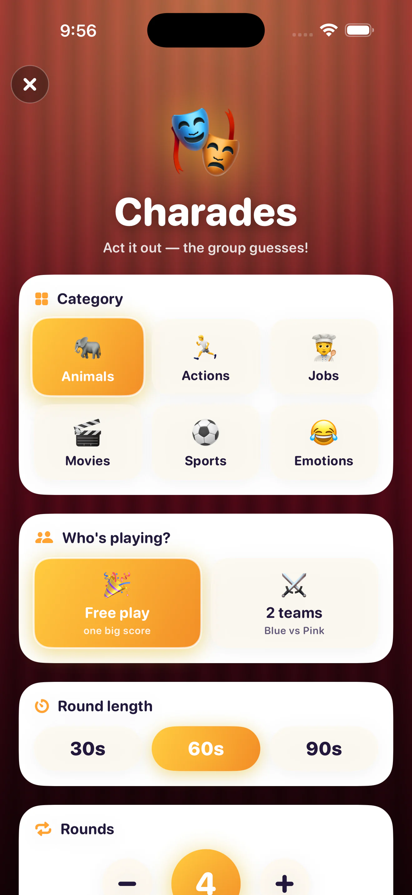 Charades — a word card held to the forehead, with the timer counting down and tap or tilt to mark it right or pass