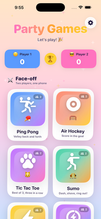 Party Games home screen — a colourful grid of all eleven games, the duels on top and the party games below, with the trophy cup score in the corner