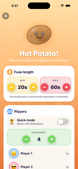 Hot Potato — a glowing potato ready to be passed, the hidden fuse burning down before it goes off in someone's hands