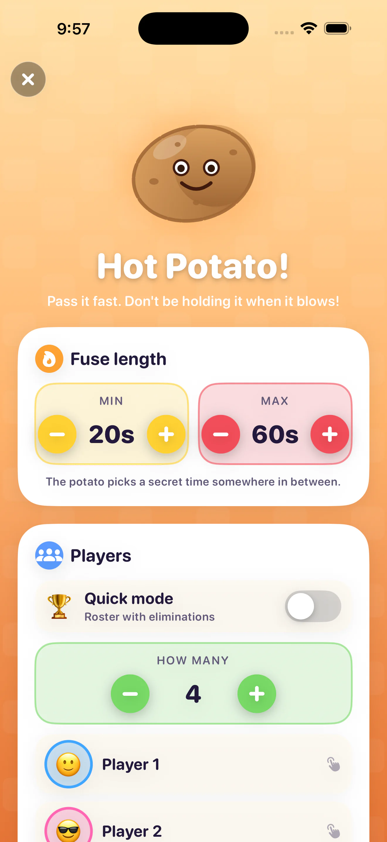 Hot Potato — a glowing potato ready to be passed, the hidden fuse burning down before it goes off in someone's hands