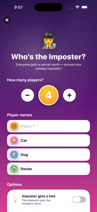 Imposter — the pass-the-phone reveal screen telling one player the secret word and the imposter only the category