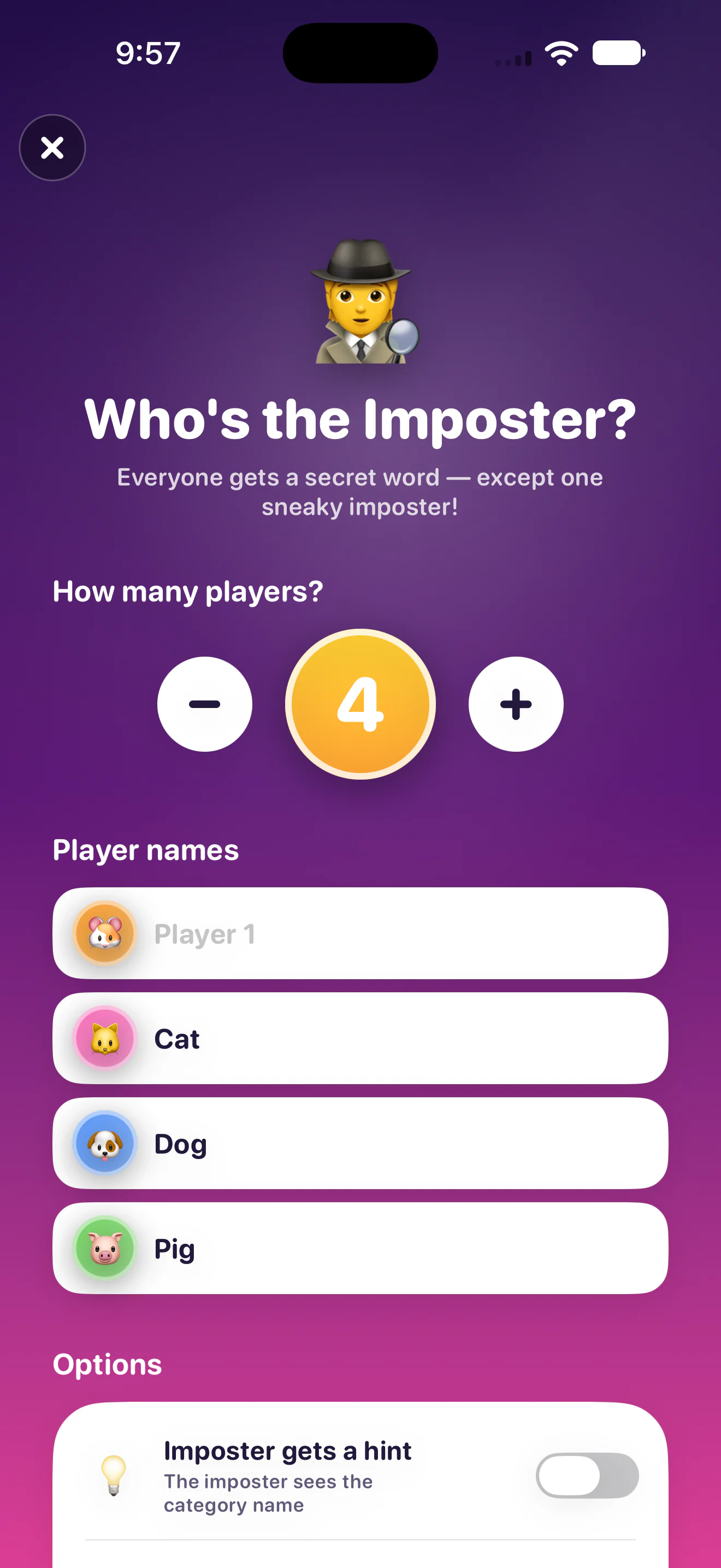 Imposter — the pass-the-phone reveal screen telling one player the secret word and the imposter only the category