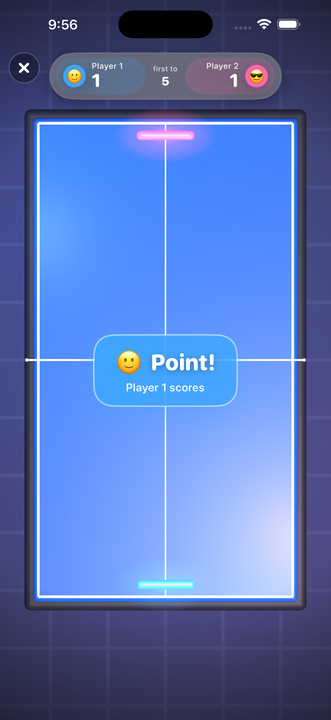 Ping Pong duel — the screen split top and bottom, one paddle per player, the ball mid-rally and the score for each side