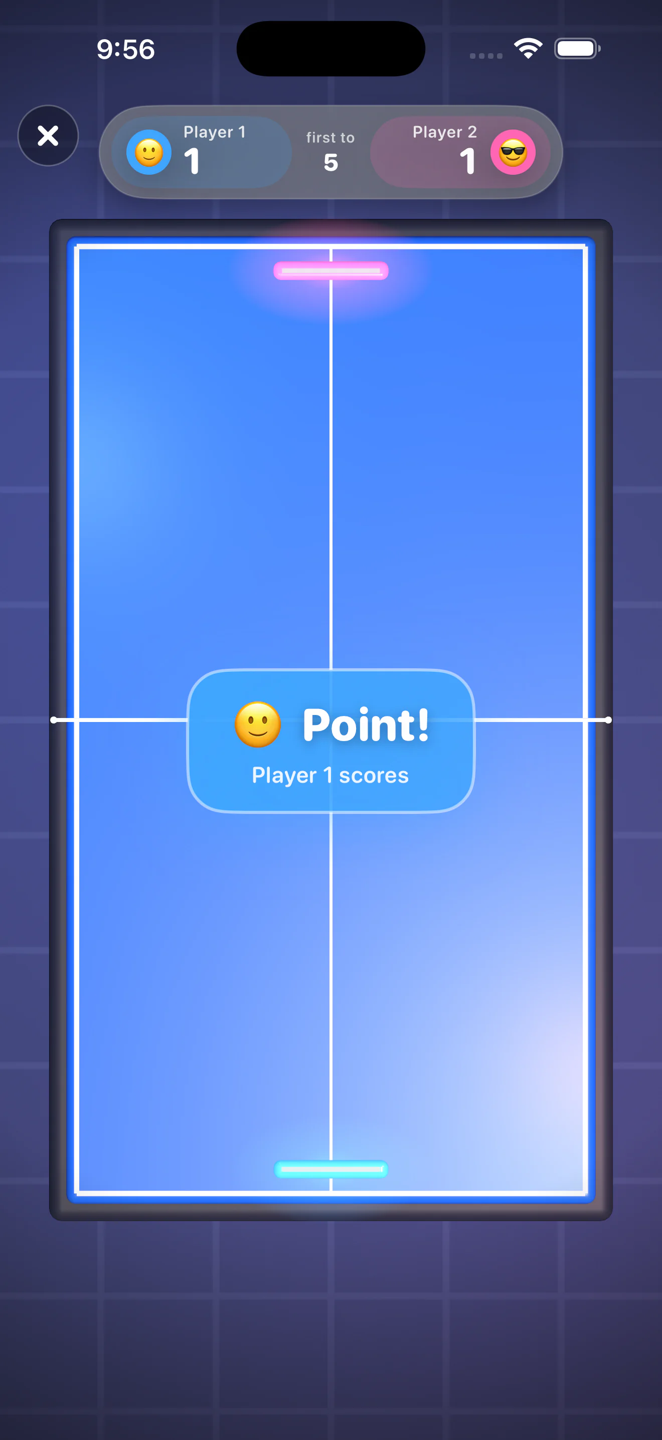 Ping Pong duel — the screen split top and bottom, one paddle per player, the ball mid-rally and the score for each side