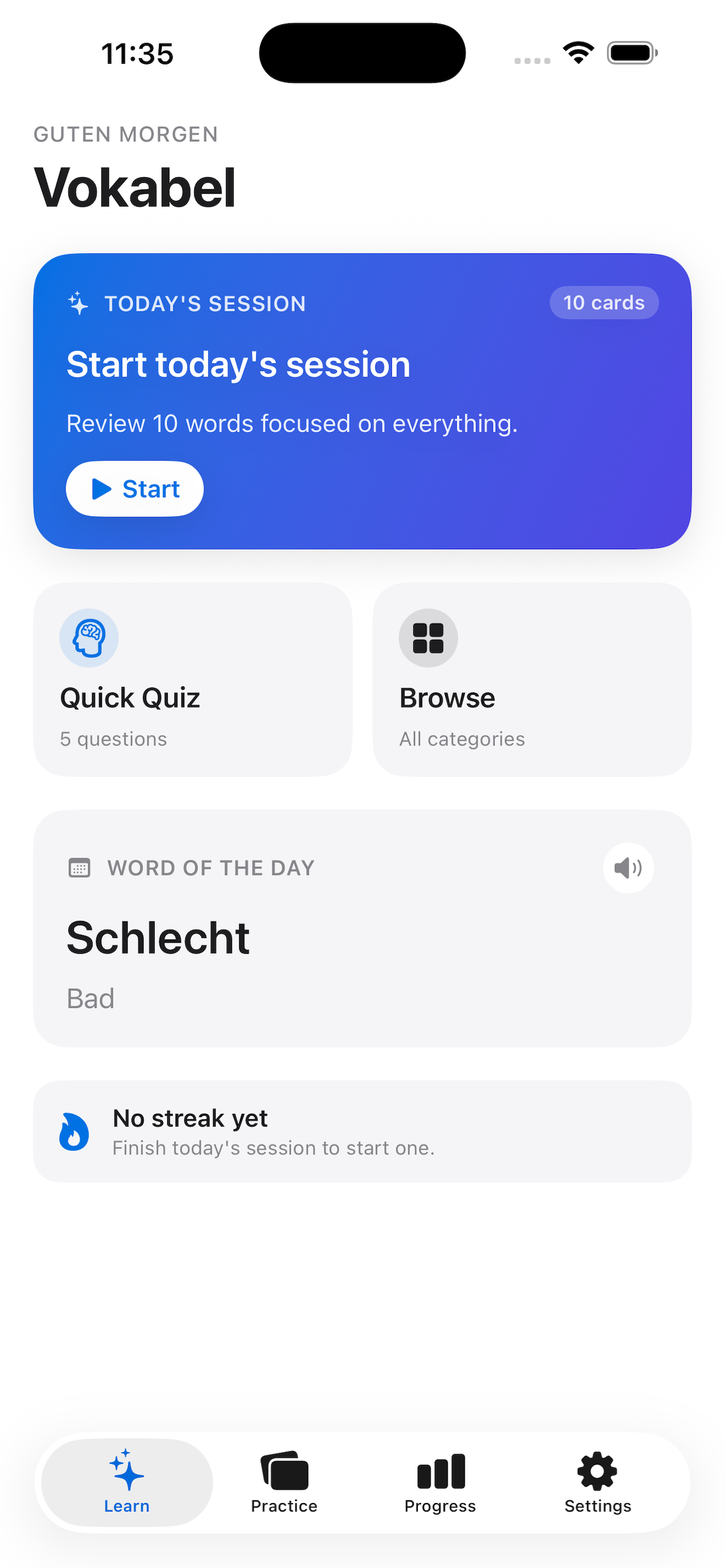Vokabel iOS app home screen — German vocabulary flashcards with der/die/das gender labels