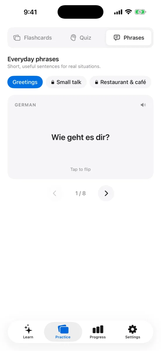 Everyday phrases — German sentences grouped into packs like small talk, restaurant and café
