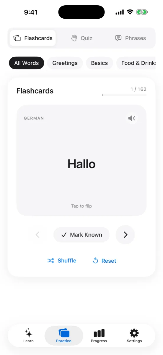 Flashcards — a German word with tap to flip, mark known, shuffle and reset