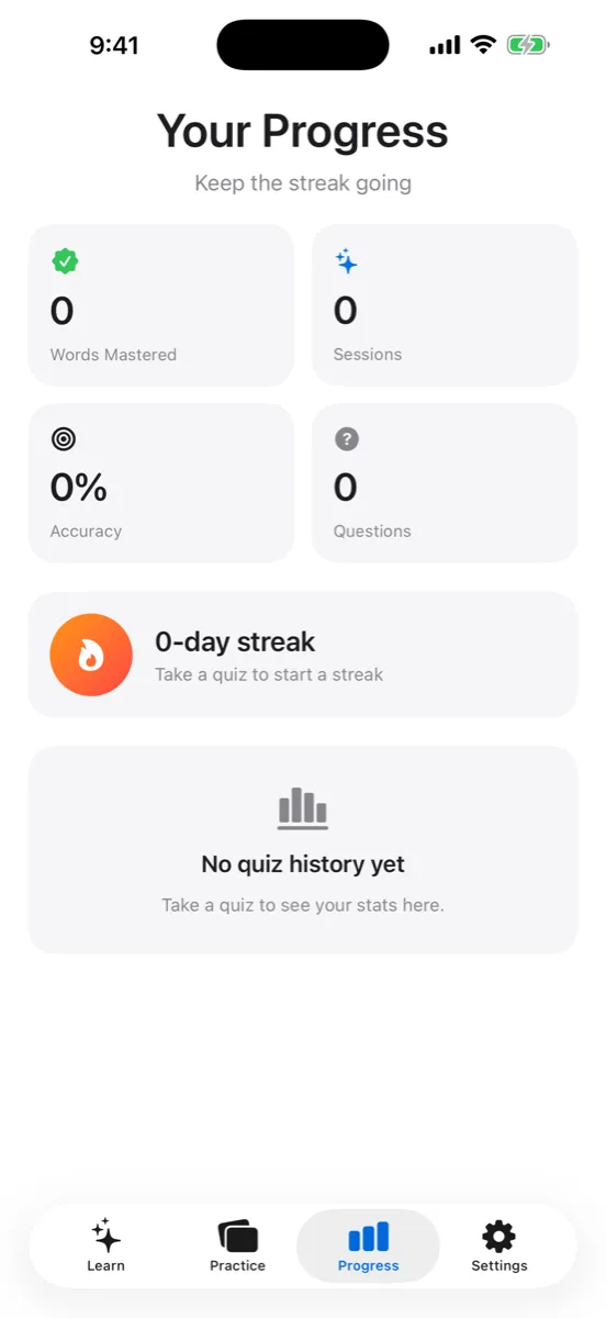 Progress — streak, session history and the words you find hardest