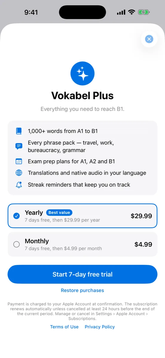 Vokabel Plus — monthly and yearly plans with a 7-day free trial