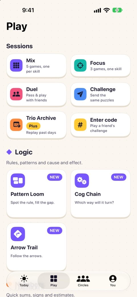The Play tab with game sessions and the Logic games