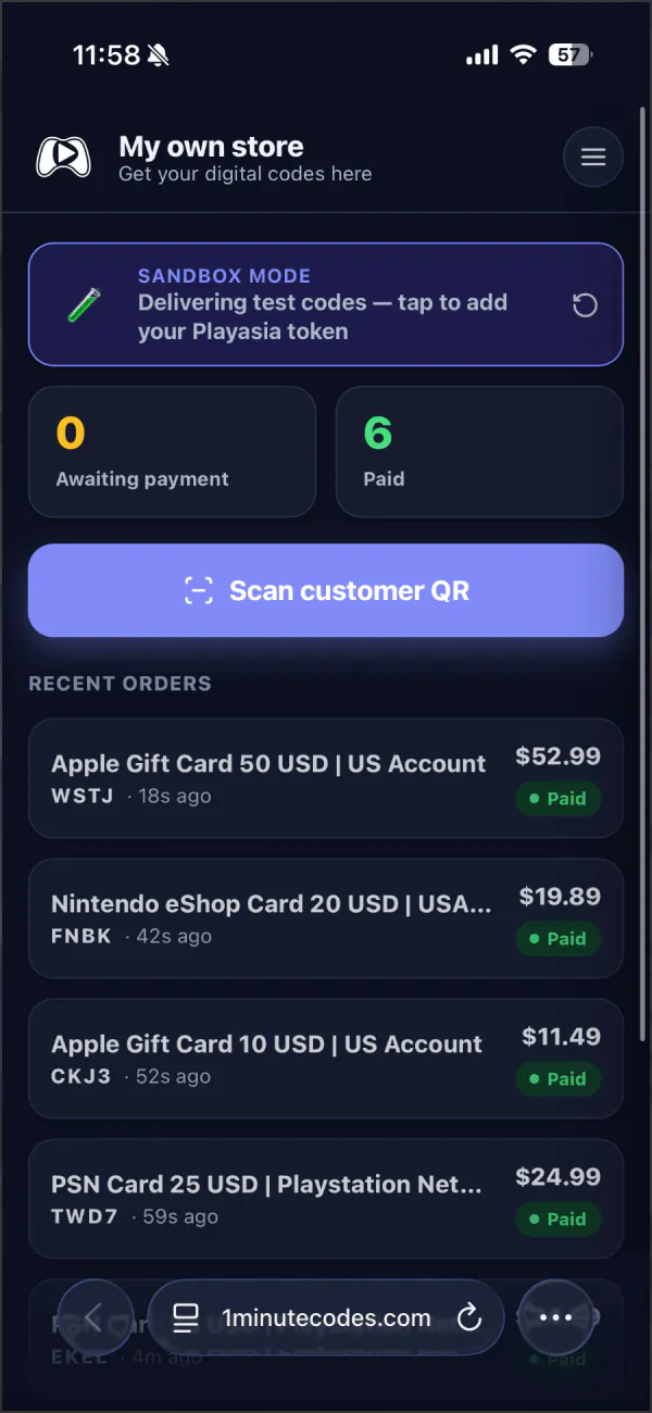 手機上的 1minutecodes 櫃檯：一張待付款的新訂單，旁邊是「已付款」按鈕