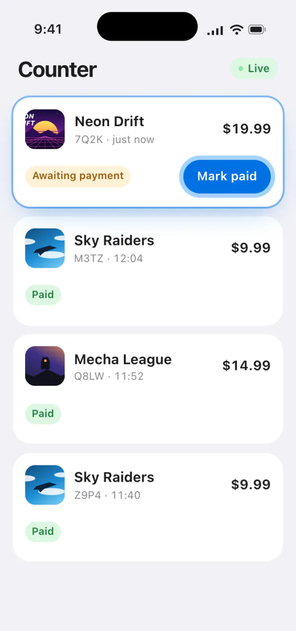 手機上的 1minutecodes 櫃檯:一張待付款的新訂單,旁邊是「已付款」按鈕
