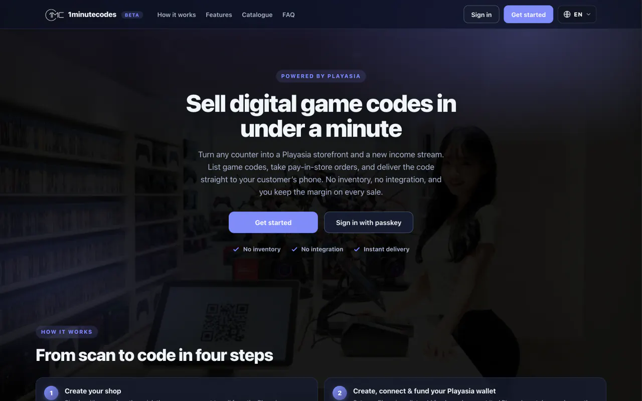 桌面瀏覽器上的 1minutecodes 首頁