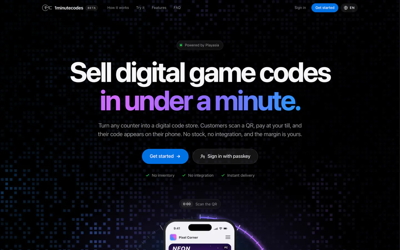 桌面瀏覽器上的 1minutecodes 首頁
