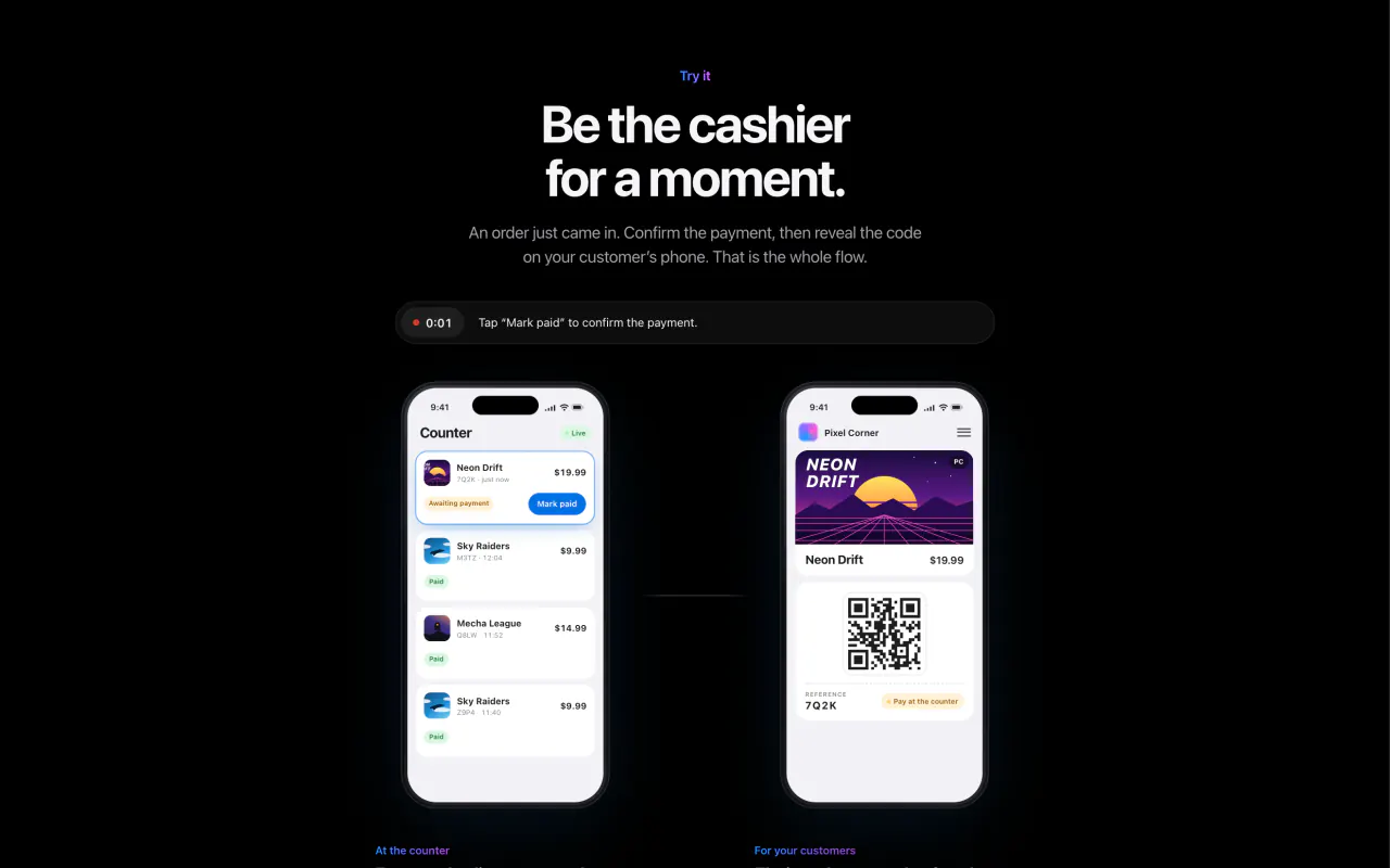 1minutecodes 首頁示範：實時櫃檯與顧客手機並排