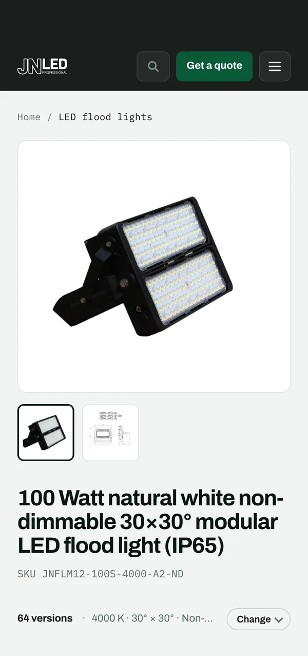 手機上的 jnled.net 產品頁:一款 100 W LED 泛光燈及其版本