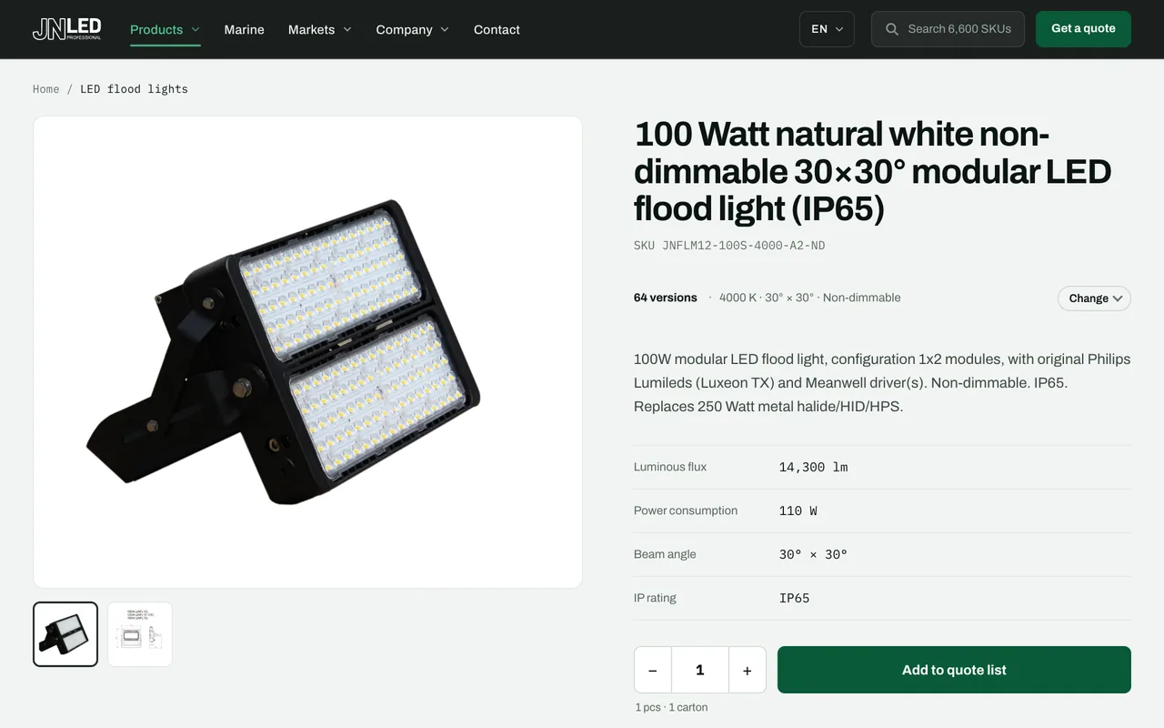jnled.net 產品頁:一款 100 W LED 泛光燈的規格表與「加入報價清單」按鈕